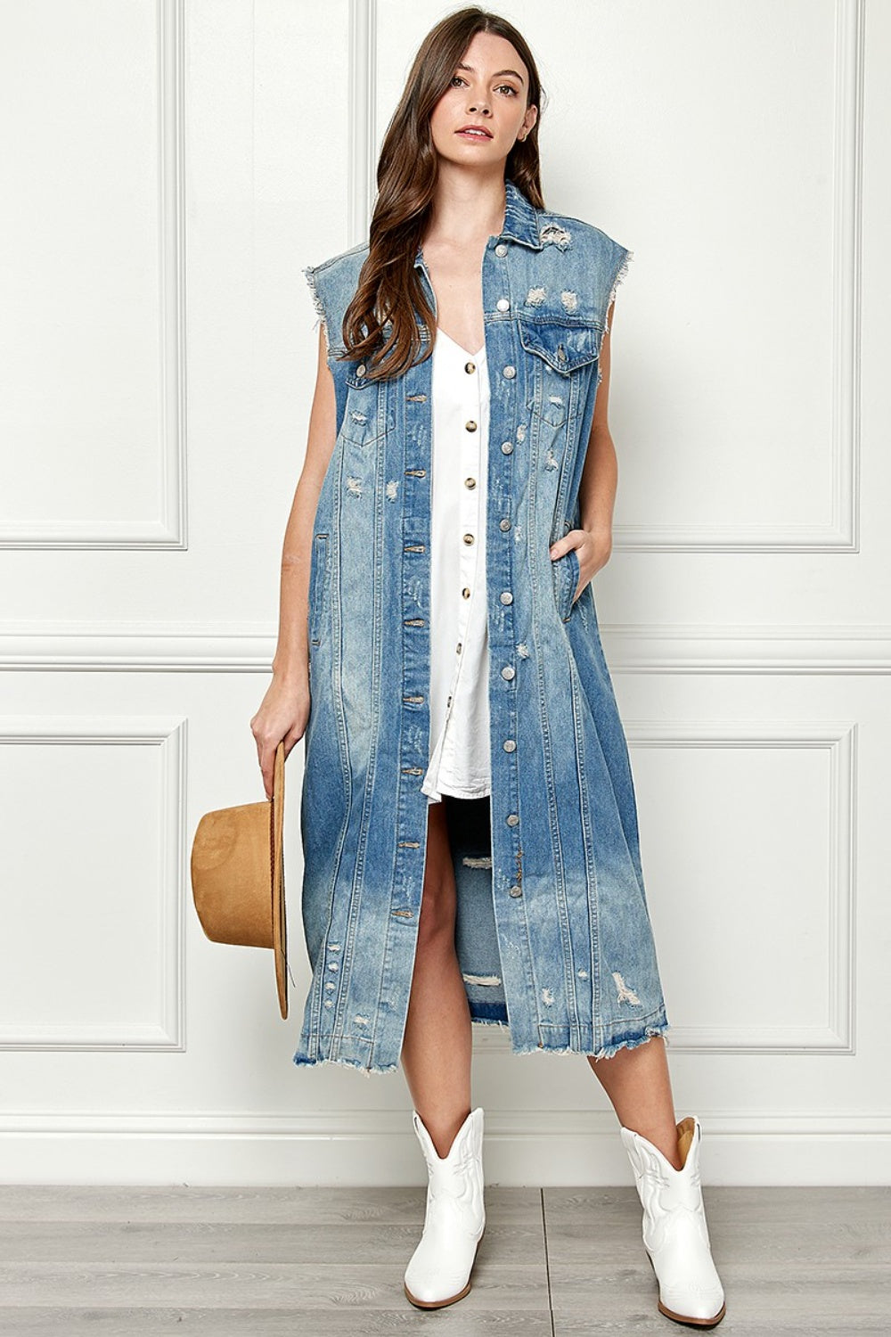 Veveret Full Size Distressed Sleeveless Longline Denim Jacket - The Boutie Shop