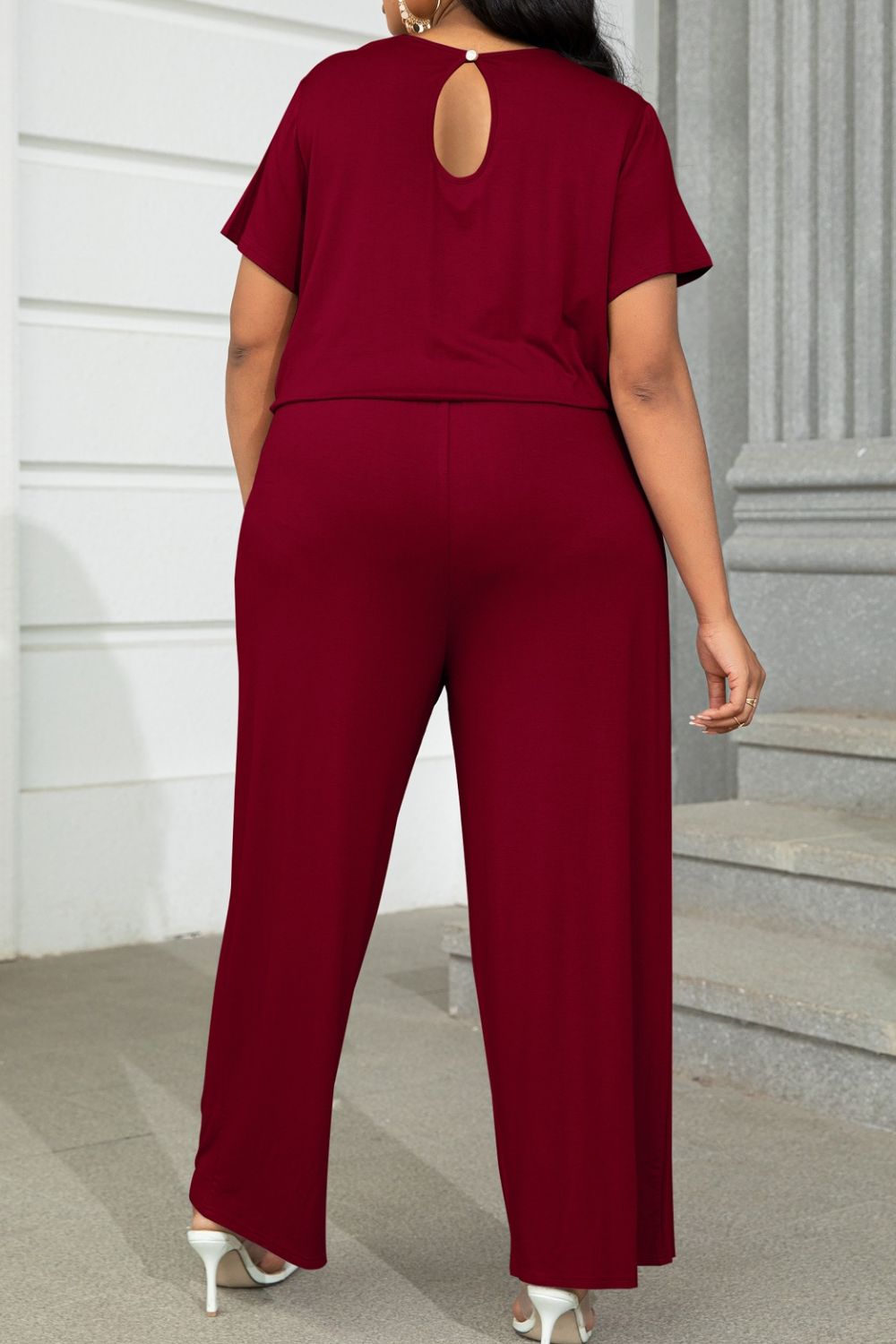 Plus Size Drawstring Waist Short Sleeve Jumpsuit - The Boutie Shop