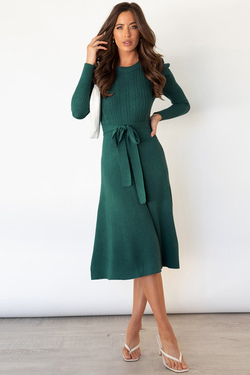 Round Neck Long Sleeve Tie Waist Sweater Dress - The Boutie Shop