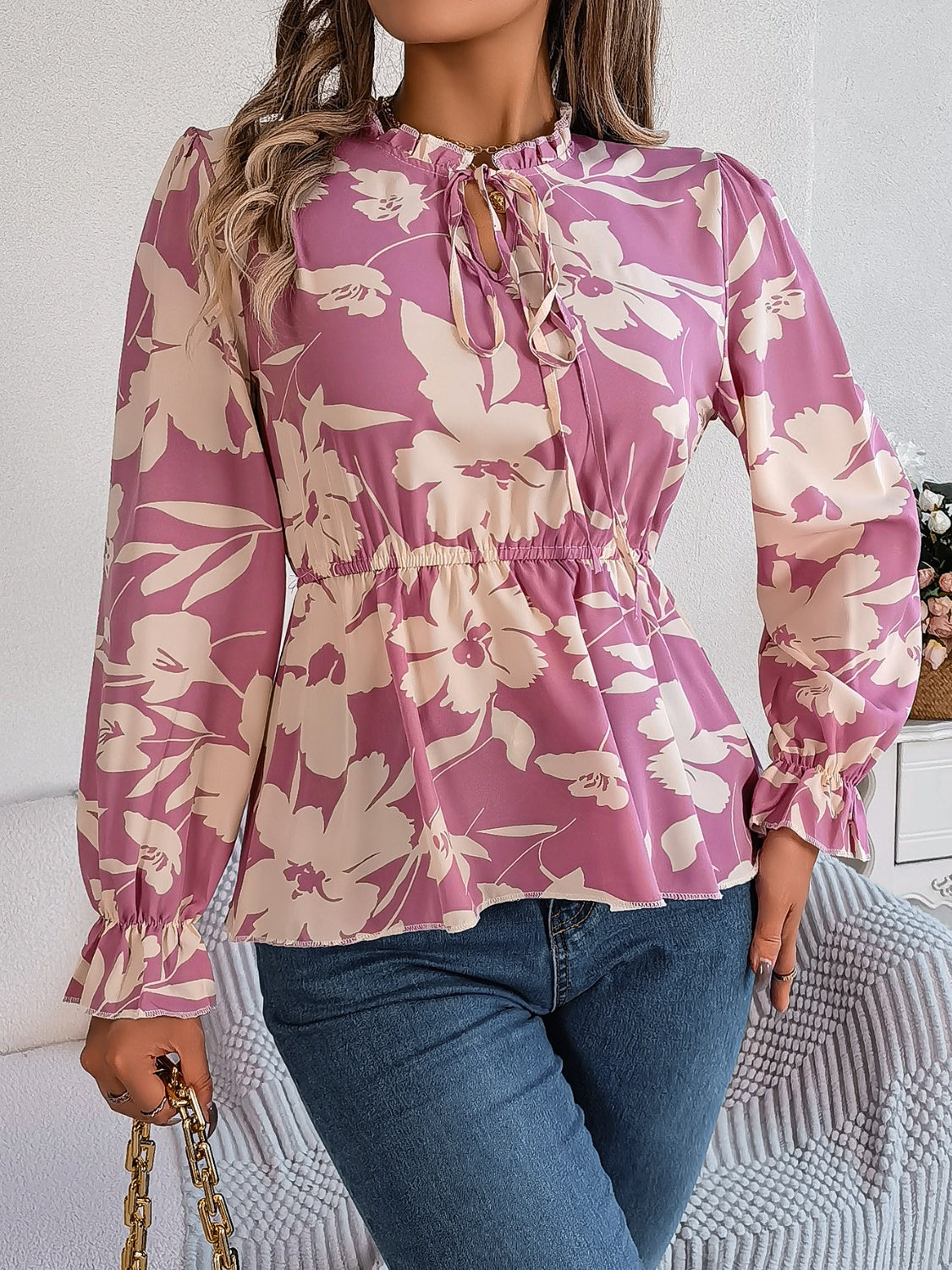 Printed Tie Neck Flounce Sleeve Blouse - The Boutie Shop