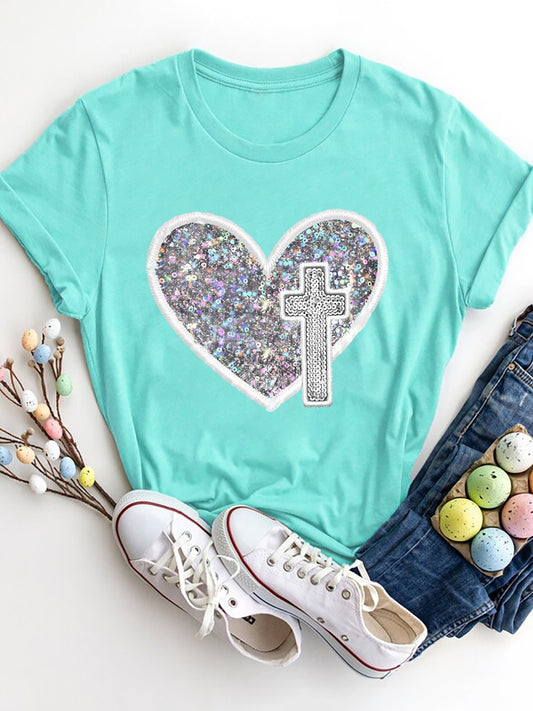 Graphic Heart Round Neck Short Sleeve T-Shirt - The Boutie Shop