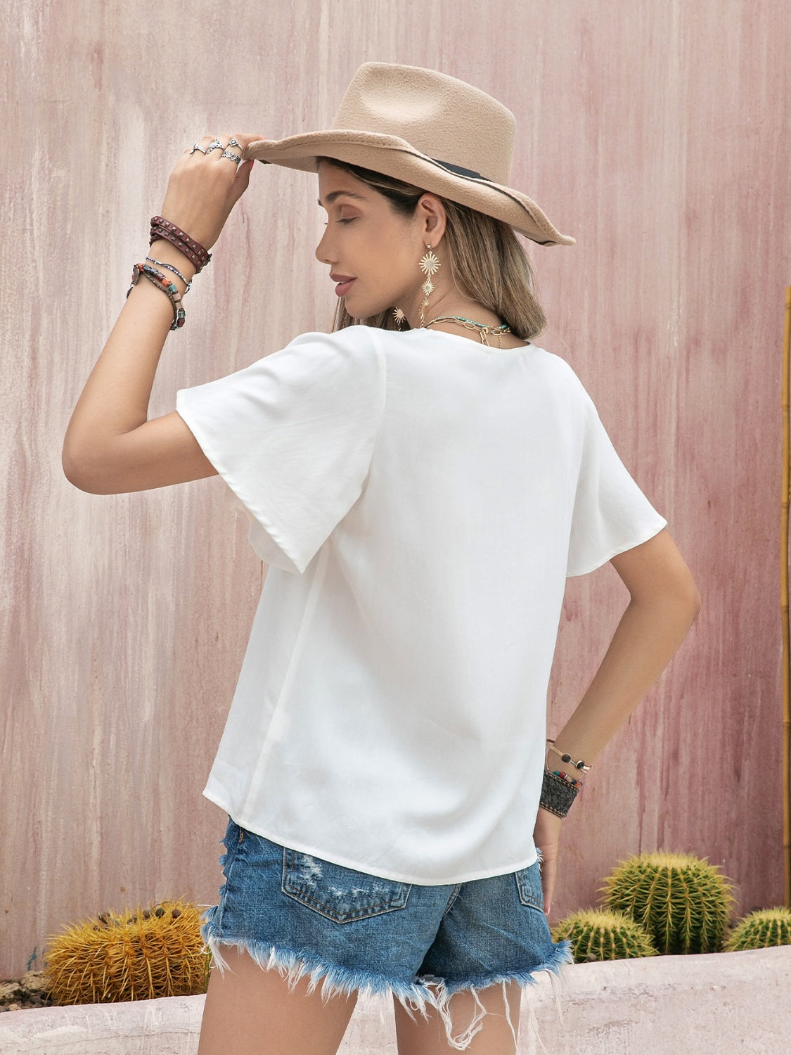 Graphic V-Neck Flutter Sleeve T-Shirt - The Boutie Shop