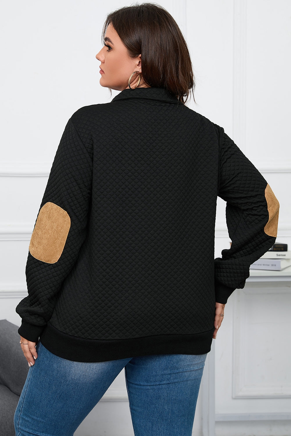 Plus Size Waffle-Knit Collared Neck Sweatshirt - The Boutie Shop