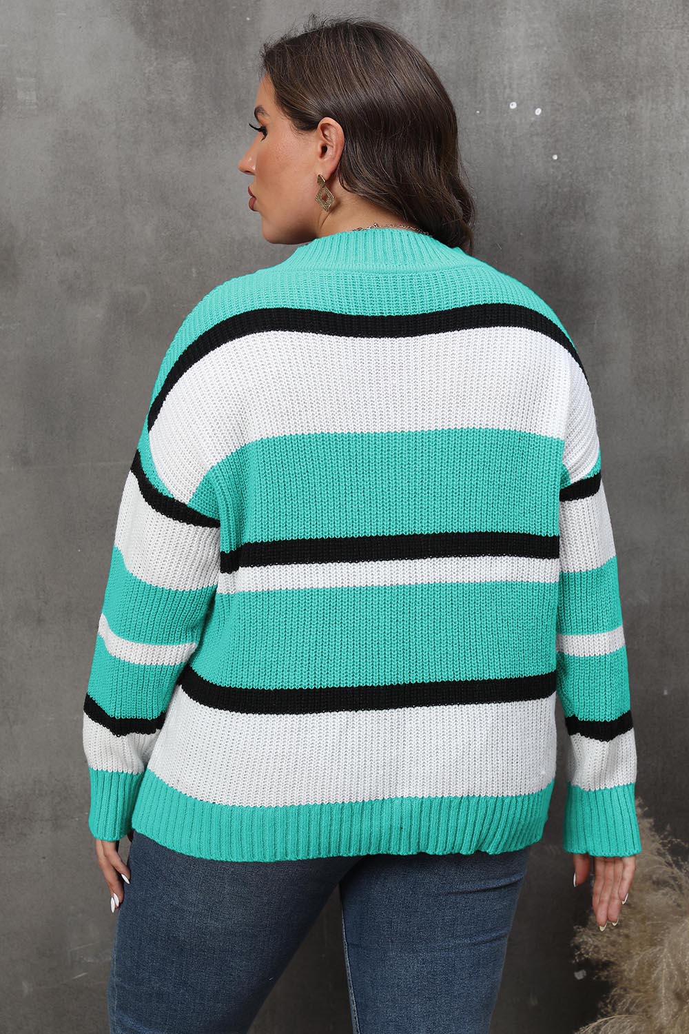 Plus Size Striped V-Neck Dropped Shoulder Sweater - The Boutie Shop