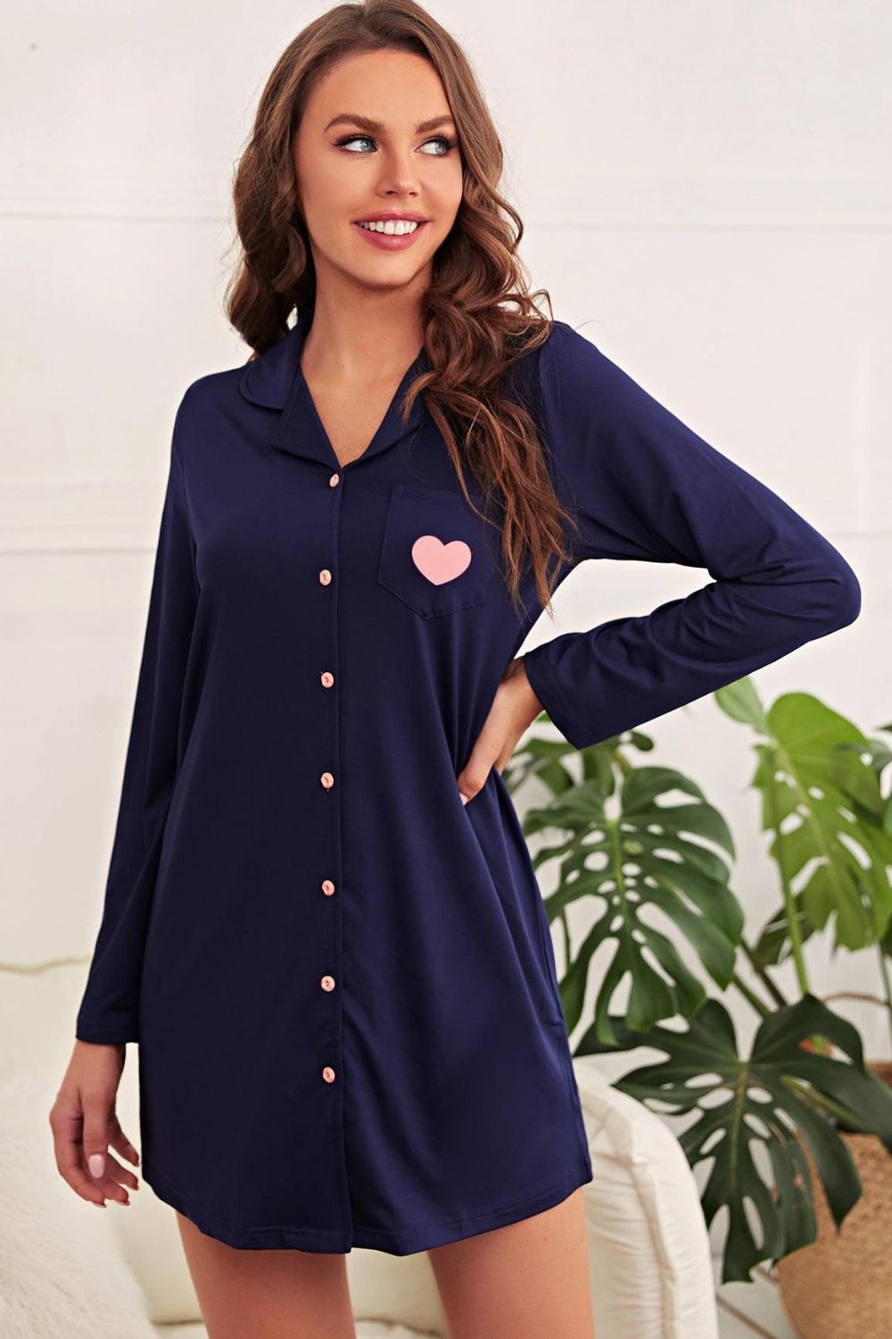 Heart Graphic Lapel Collar Night Shirt Dress - The Boutie Shop