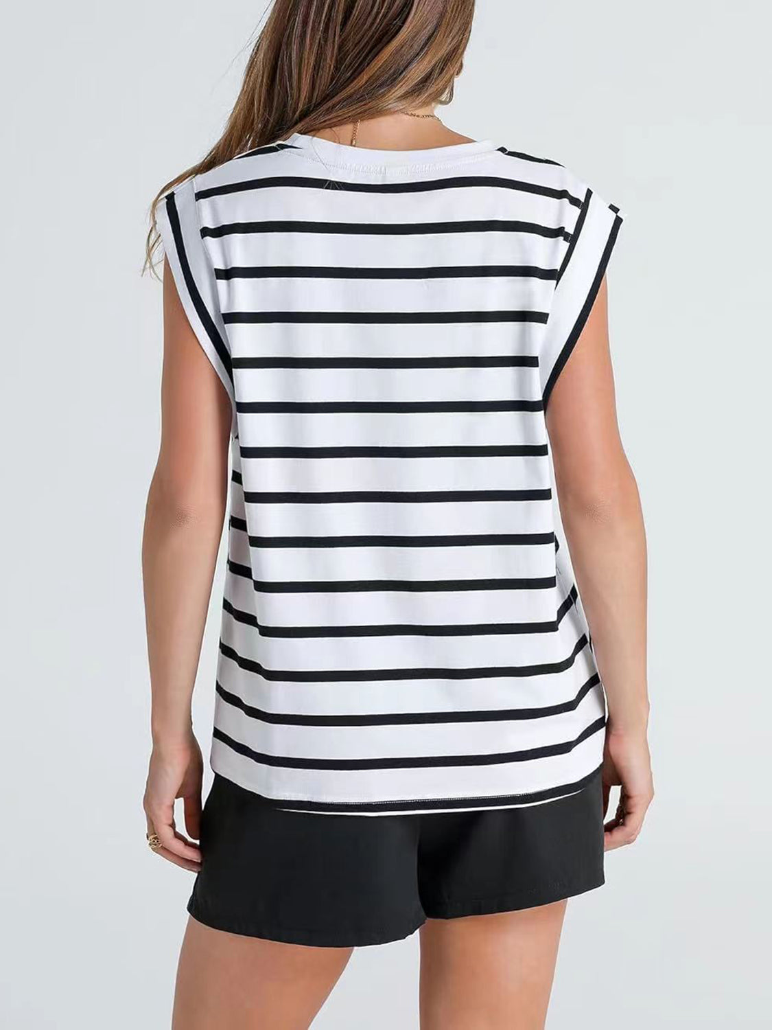 Striped Round Neck Cap Sleeve T-Shirt - The Boutie Shop