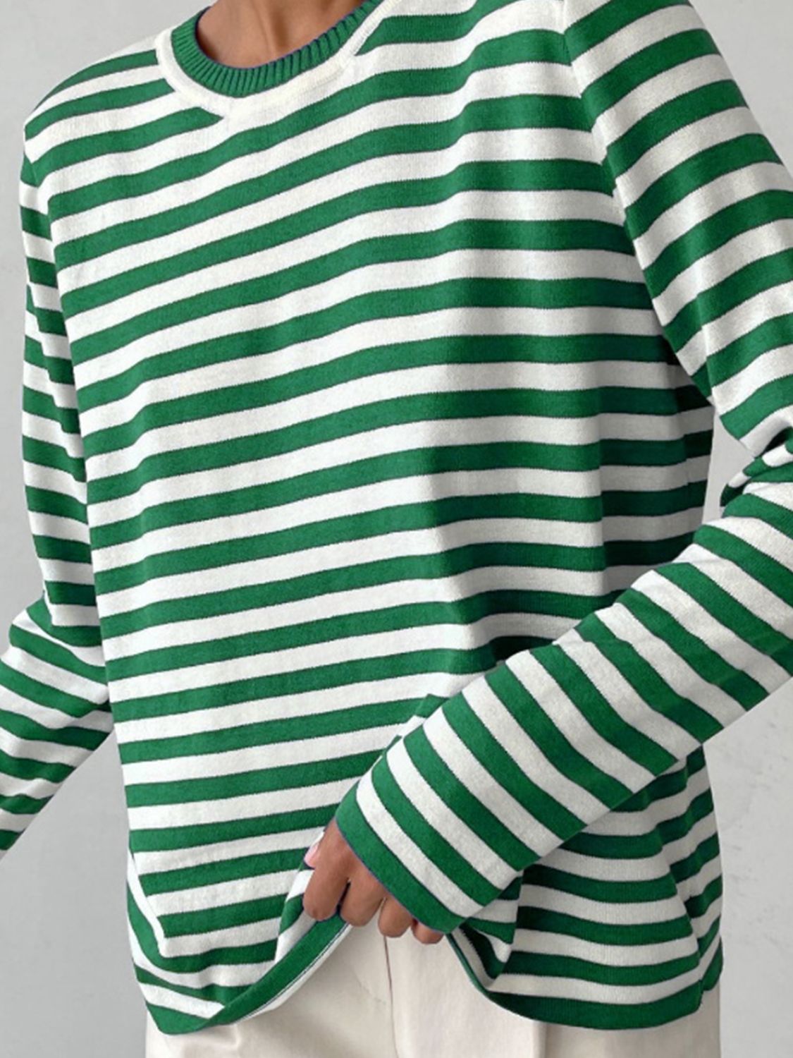 Striped Round Neck Long Sleeve Sweater - The Boutie Shop