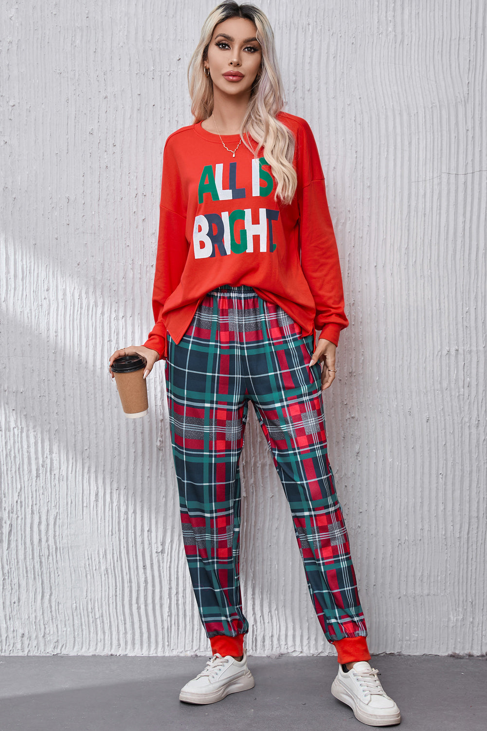 ALL IS BRIGHT Round Neck Top and Plaid Pants Lounge Set - The Boutie Shop