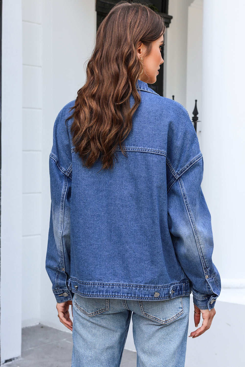 Button Up Dropped Shoulder Denim Jacket with Pockets - The Boutie Shop