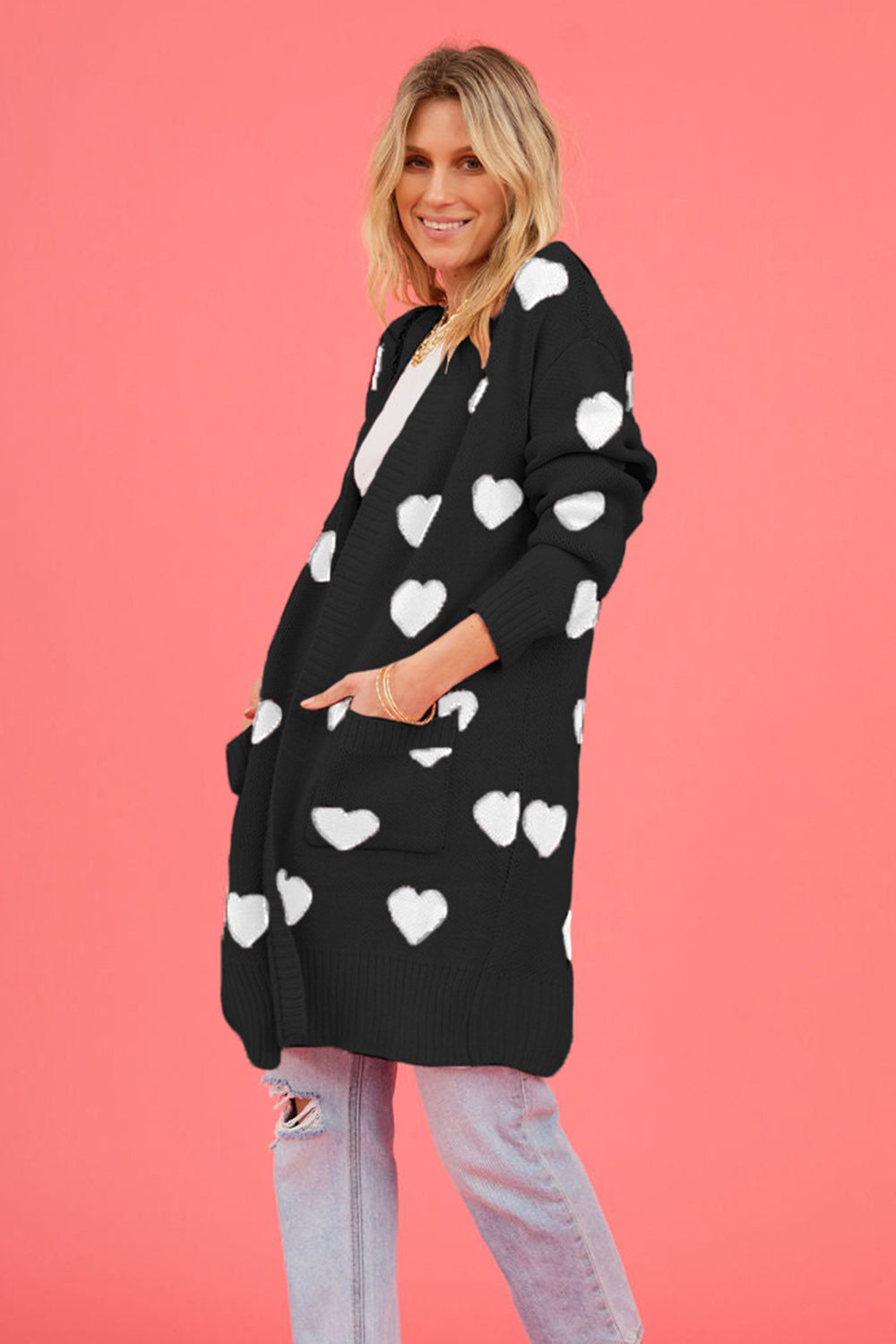 Heart Graphic Open Front Cardigan with Pockets - The Boutie Shop