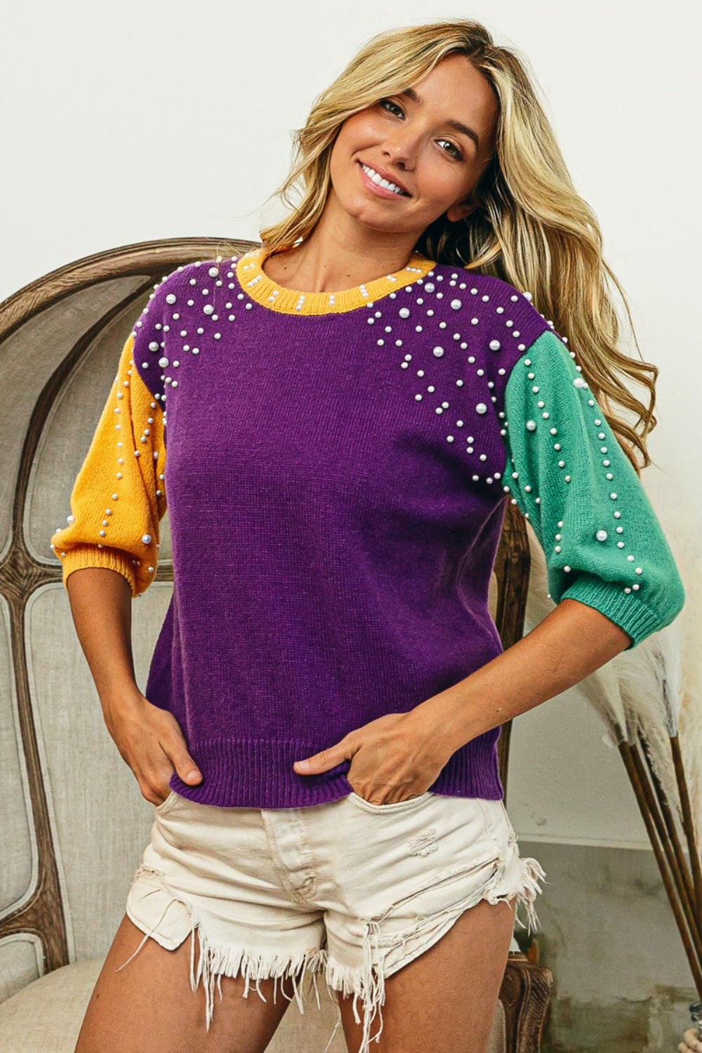 BiBi Color Block Pearl Detail Round Neck Sweater - The Boutie Shop