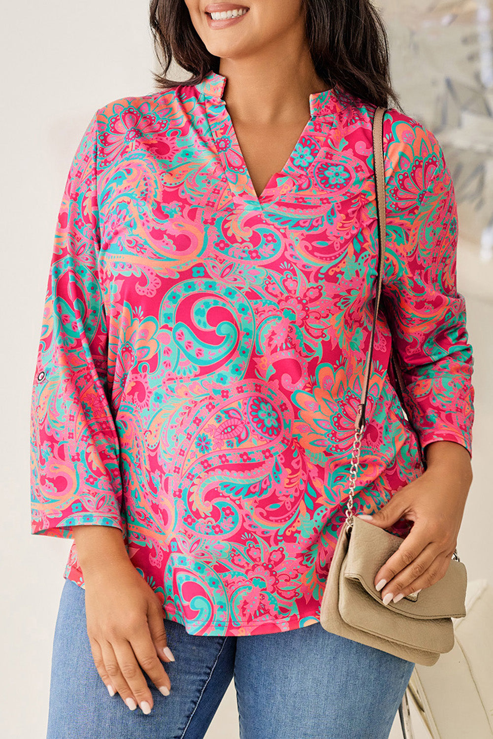 Plus Size Printed Notched Long Sleeve Blouse - The Boutie Shop