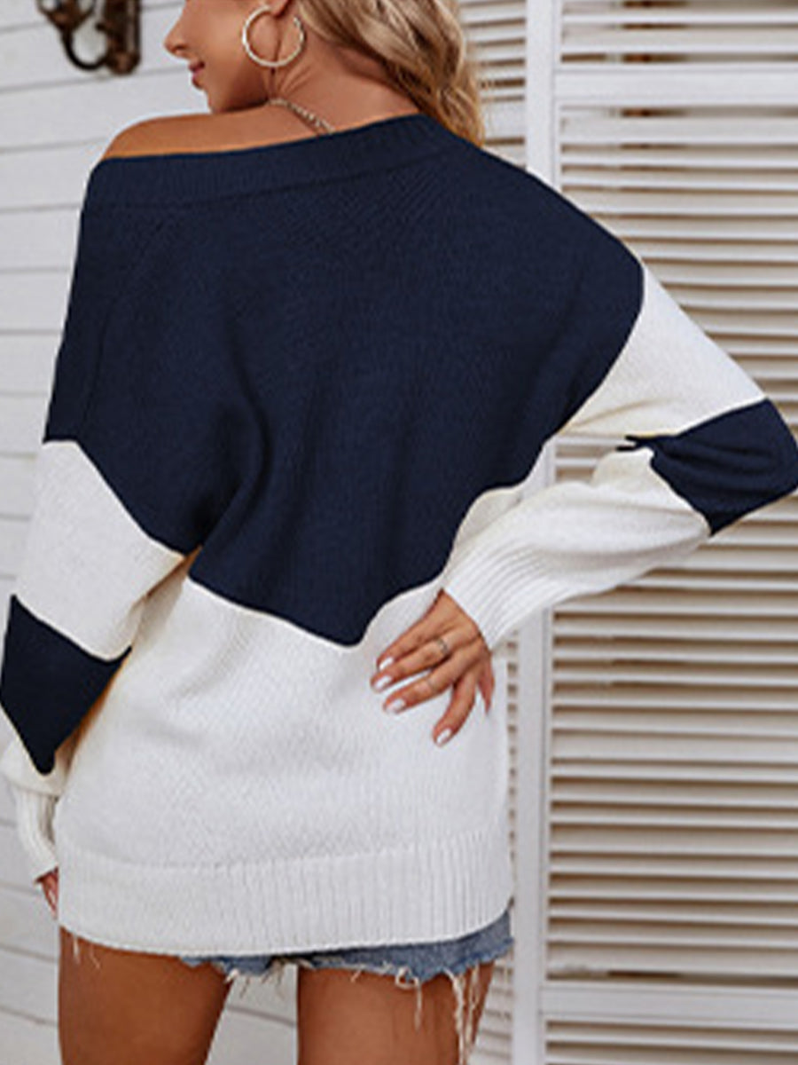 Color Block V-Neck Sweater - The Boutie Shop