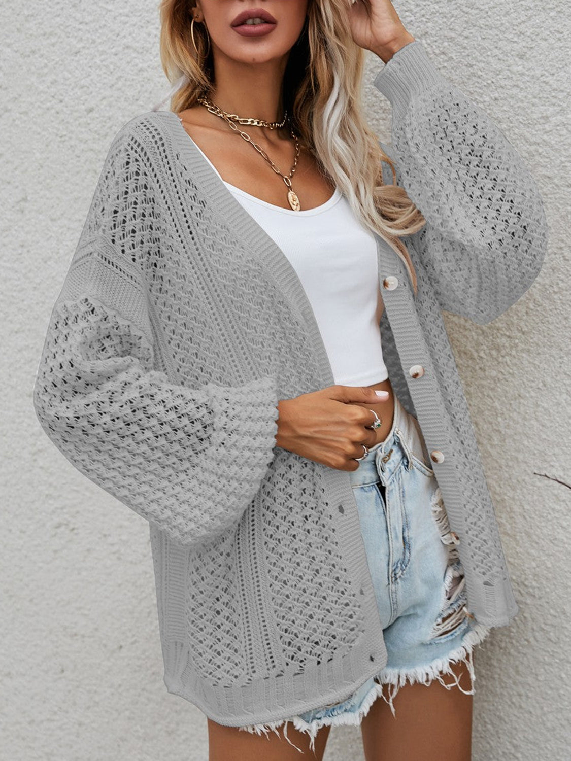 Openwork Button Front Cardigan - The Boutie Shop