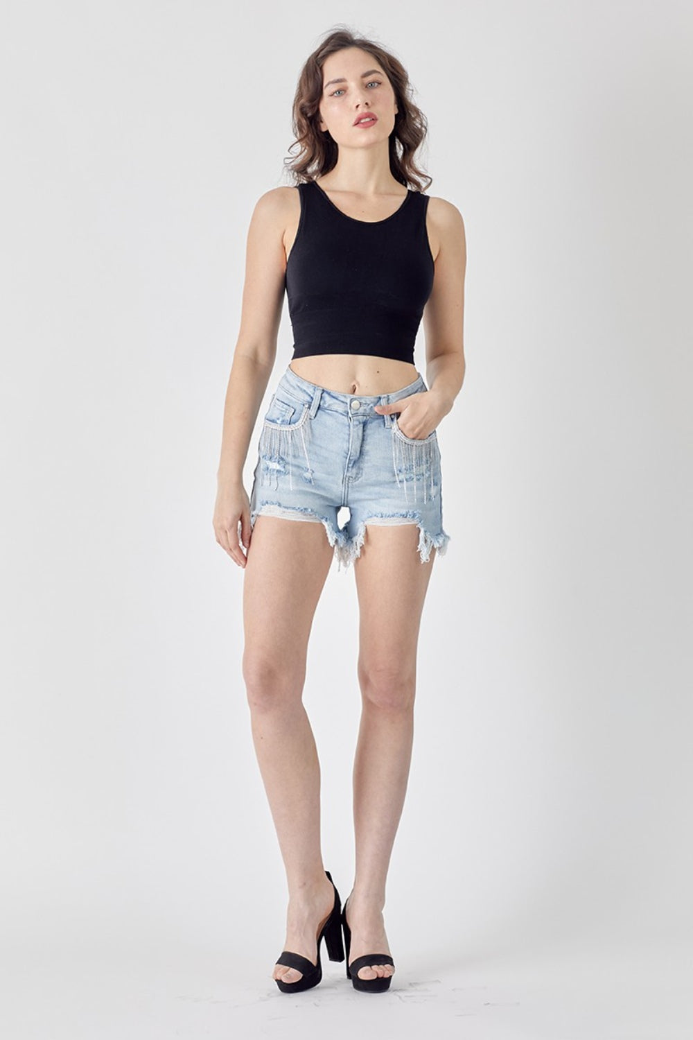 RISEN Frayed Hem Denim Shorts with Fringe Detail Pockets - The Boutie Shop