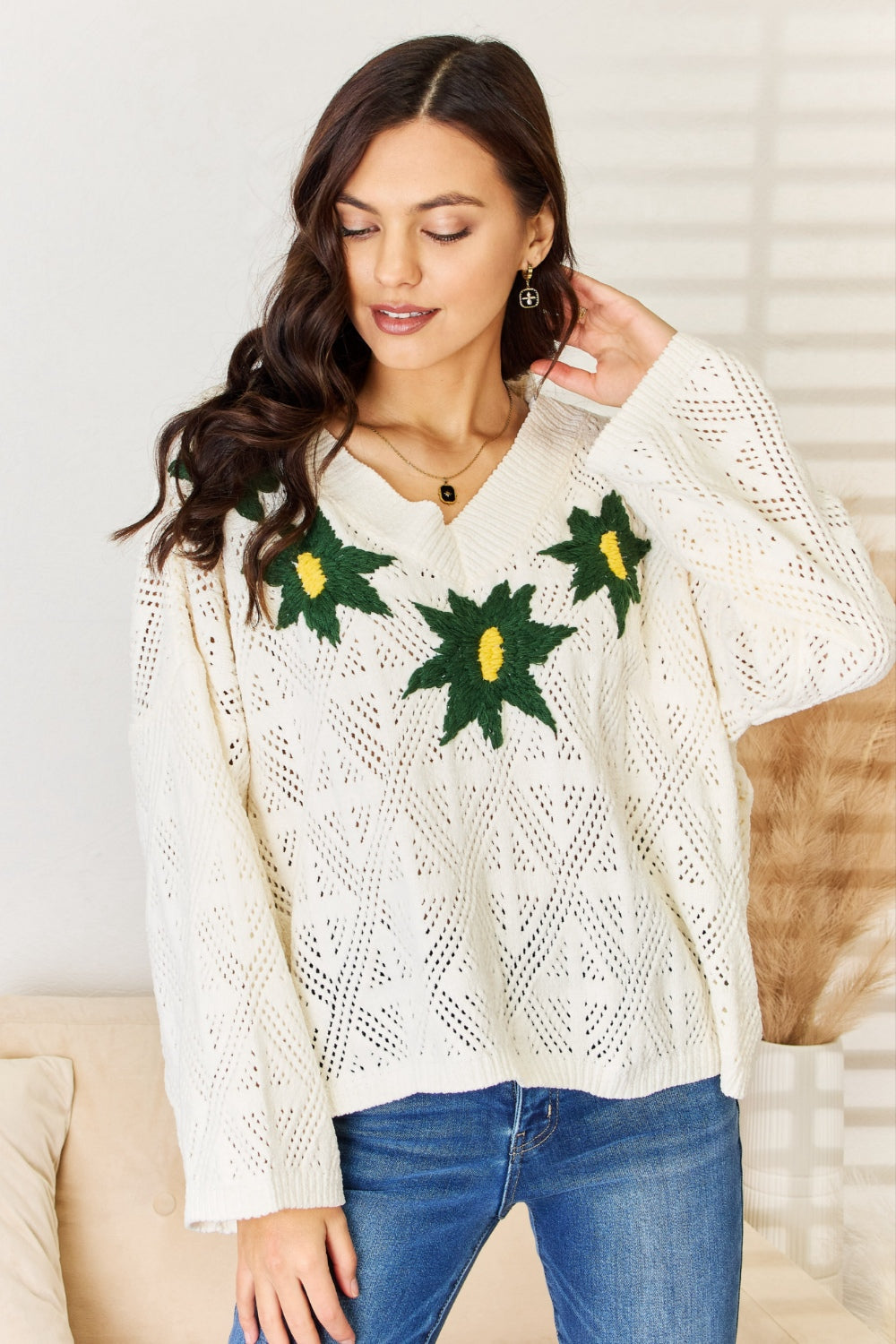 POL Floral Embroidered Pattern V-Neck Sweater - The Boutie Shop