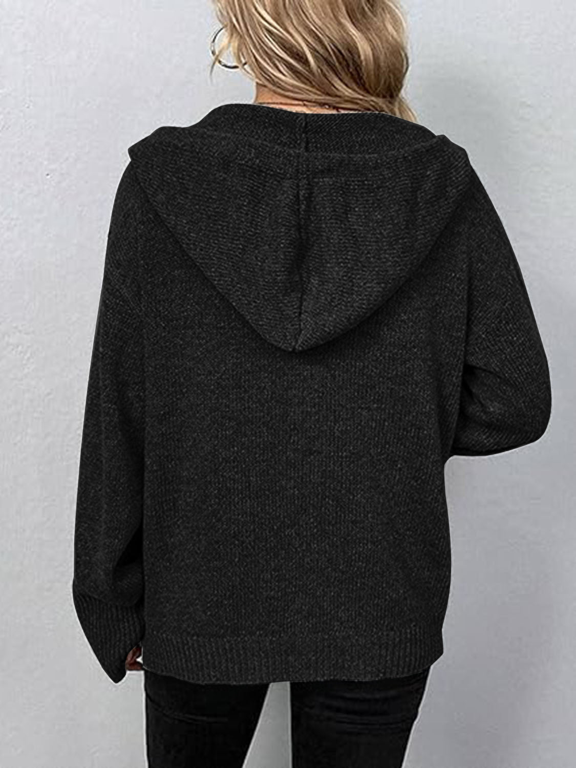 Button Up Drawstring Long Sleeve Hooded Cardigan - The Boutie Shop