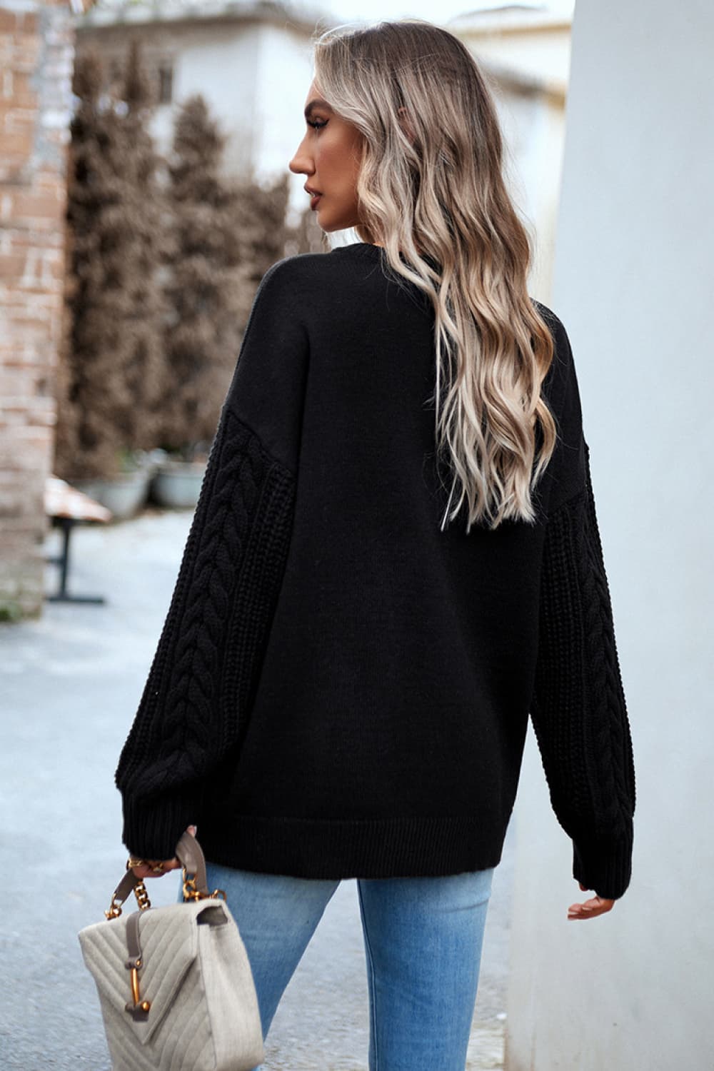 Devine Cable-Knit Round Neck Drop Shoulder Sweater - The Boutie Shop