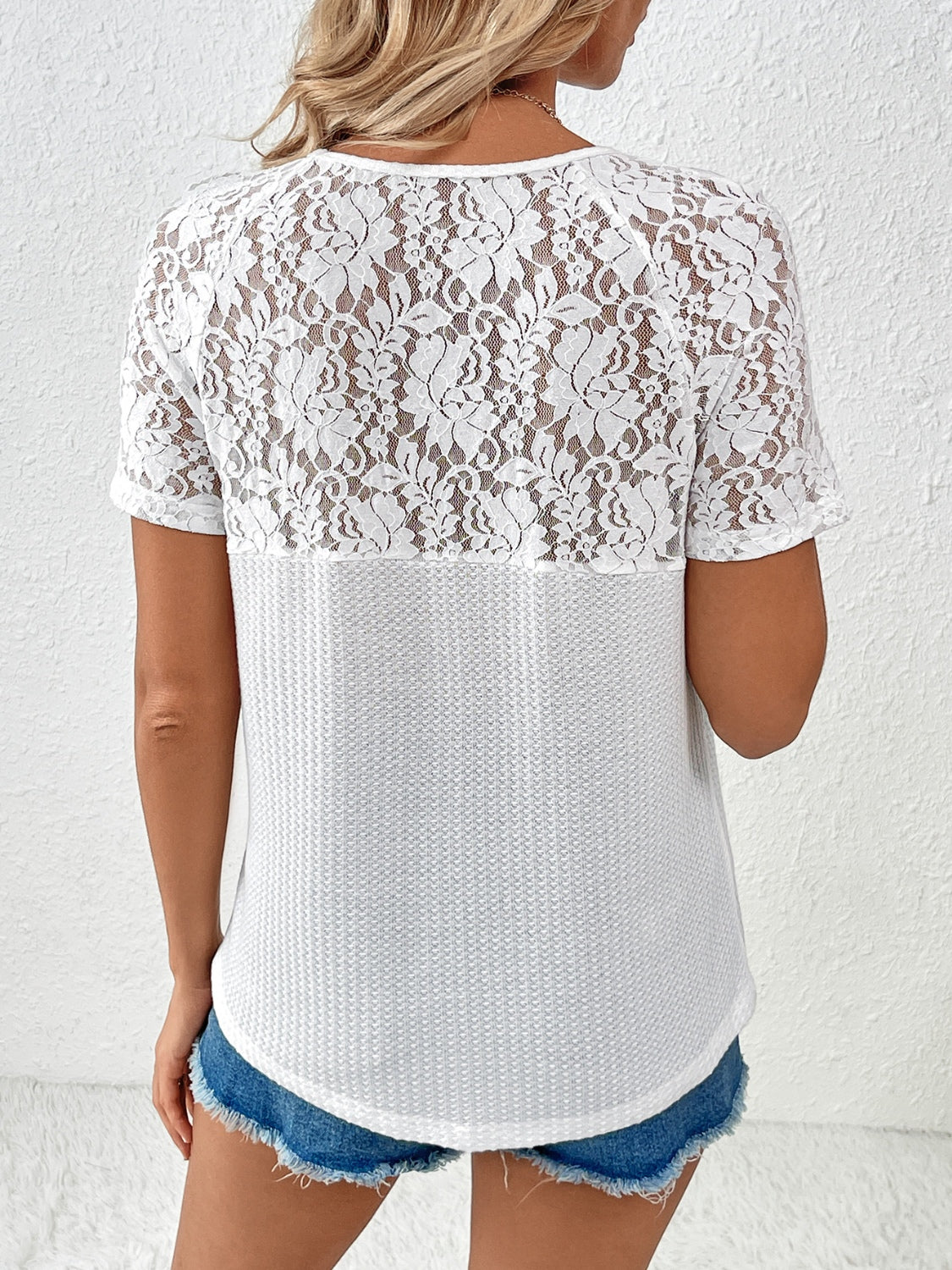 Ivy Lane Lace Detail V-Neck Short Sleeve T-Shirt - The Boutie Shop