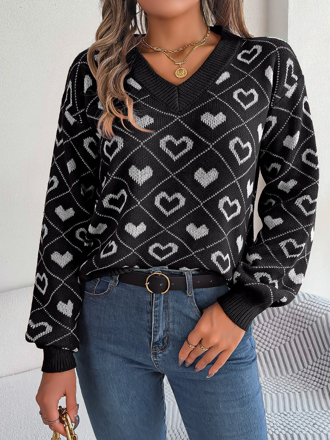 Heart Pattern V-Neck Long Sleeve Sweater - The Boutie Shop