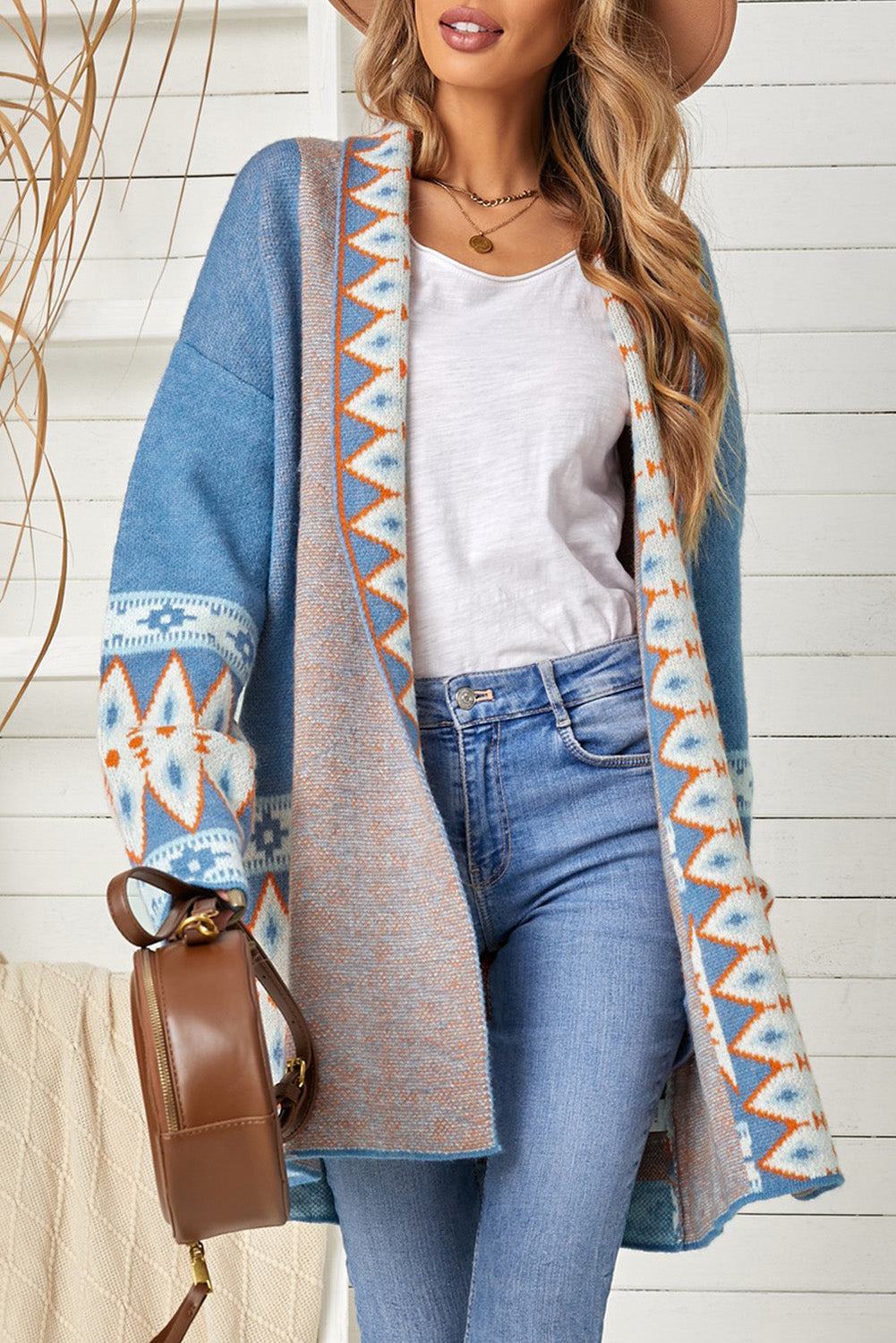 Geometric Open Front Long Sleeve Cardigan - The Boutie Shop