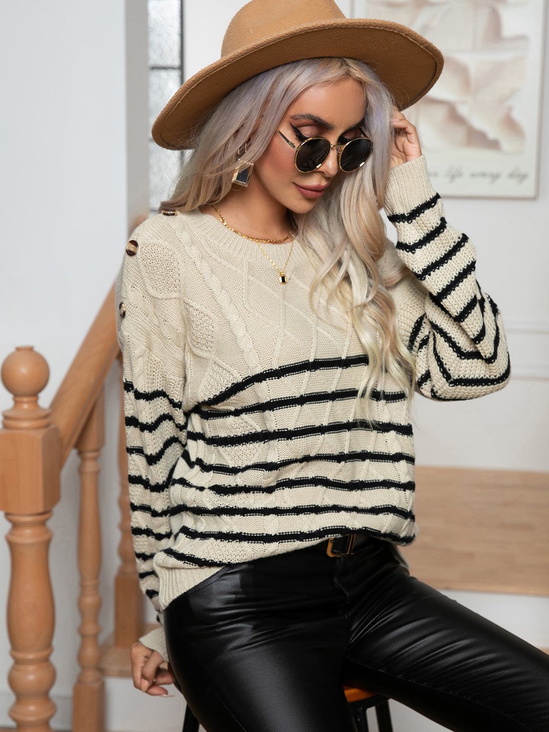 Striped Round Neck Cable-Knit Sweater - The Boutie Shop