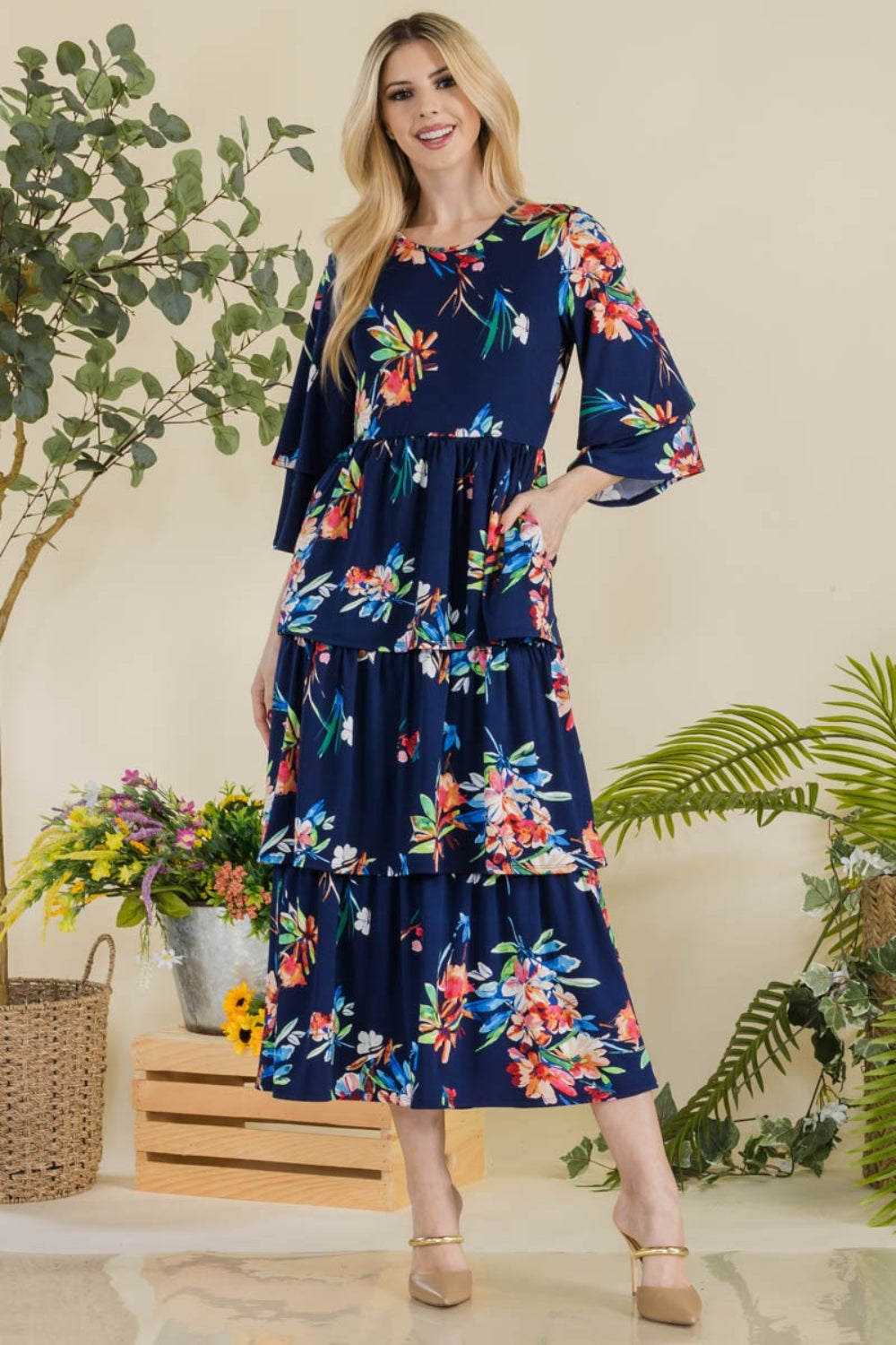 Celeste Full Size Floral Ruffle Tiered Midi Dress - The Boutie Shop