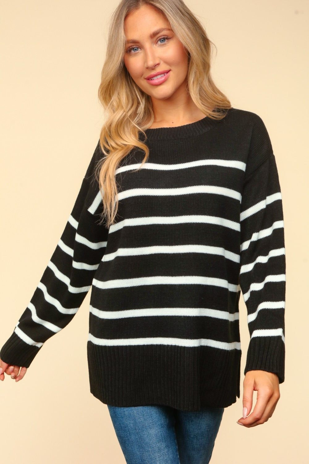 Haptics Full Size Striped Contrast Side Slit Sweater - The Boutie Shop