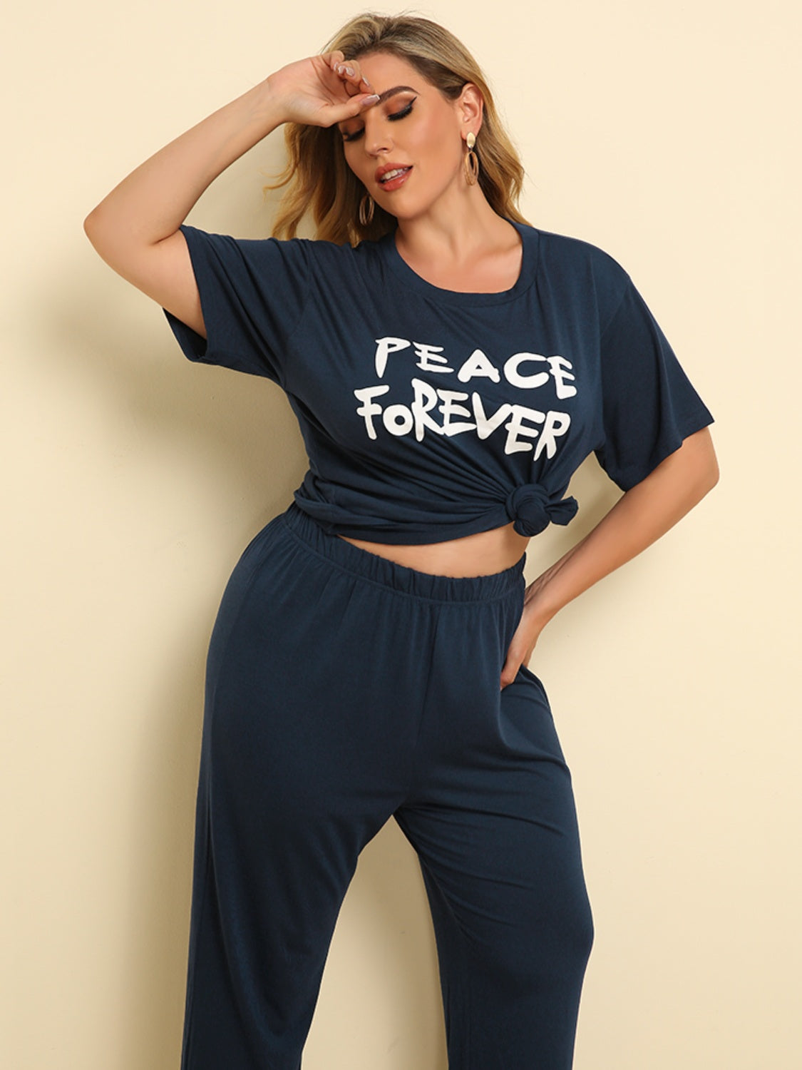 Plus Size PEACE FOREVER Short Sleeve Top and Pants Set - The Boutie Shop