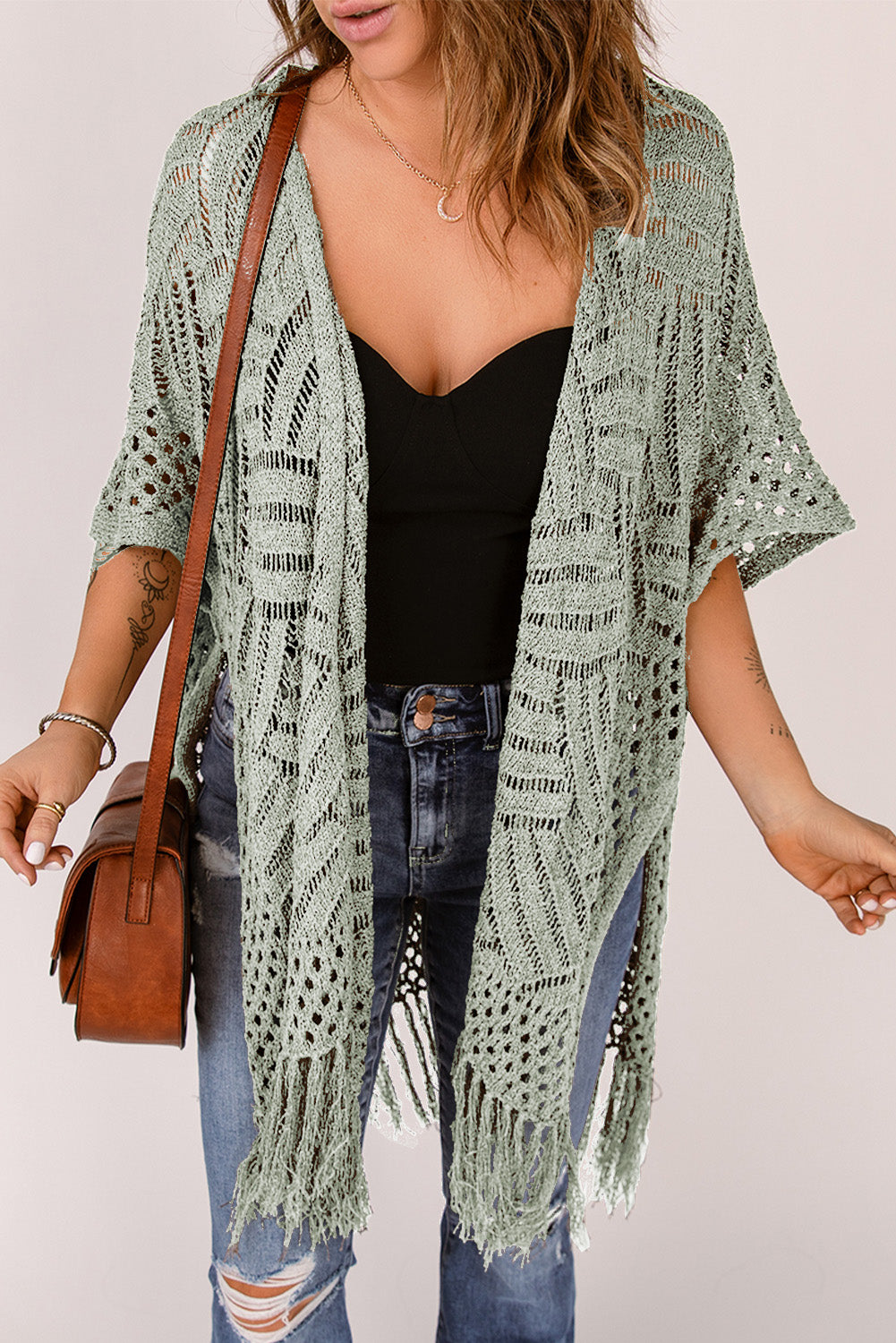 Openwork Open Front Cardigan with Fringes - The Boutie Shop