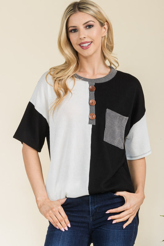 Celeste Full Size Ribbed Color Block Short Sleeve T-Shirt - The Boutie Shop