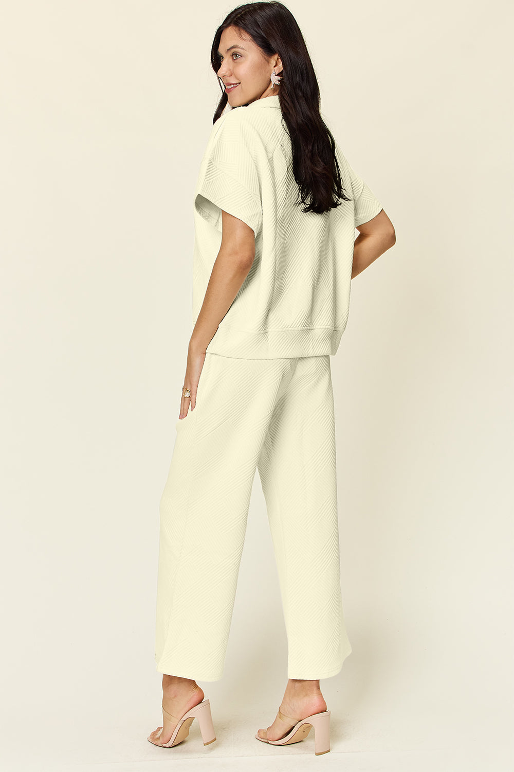 Double Take Full Size Texture Half Zip Short Sleeve Top and Pants Set - The Boutie Shop