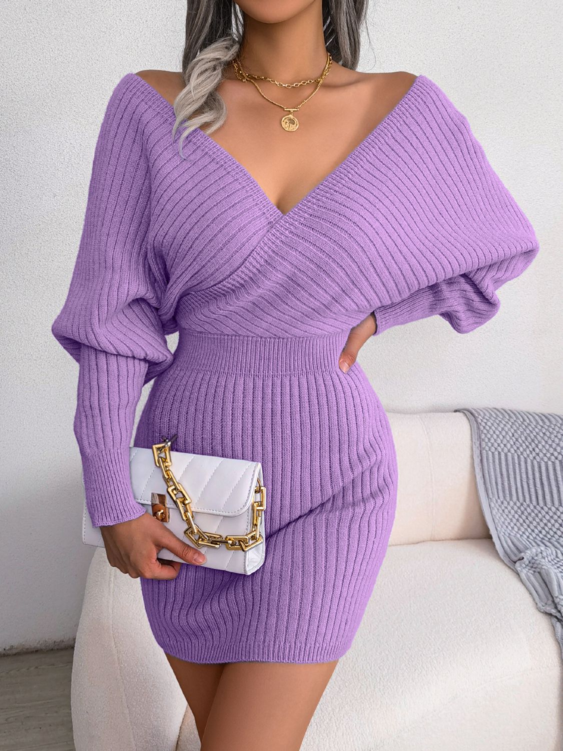 Rib-Knit Dolman Sleeve Sweater Dress - The Boutie Shop