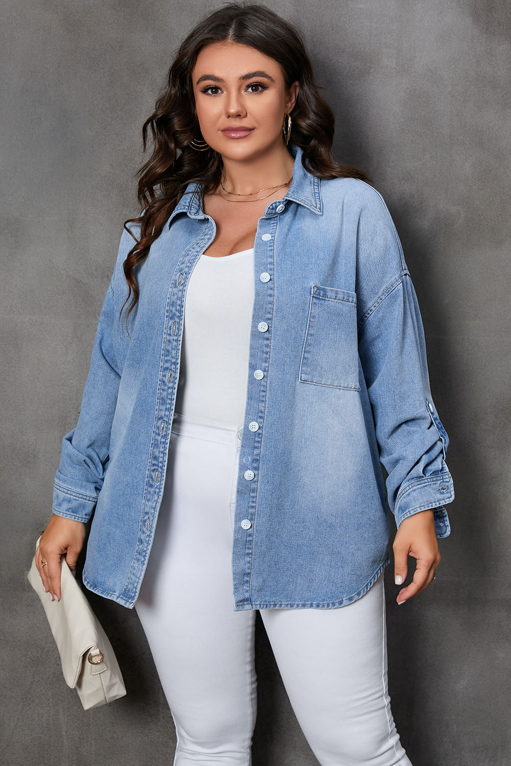 Plus Size Button Up Pocketed Denim Top - The Boutie Shop