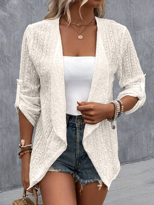 Eyelet Roll-Tab Sleeve Cardigan - The Boutie Shop