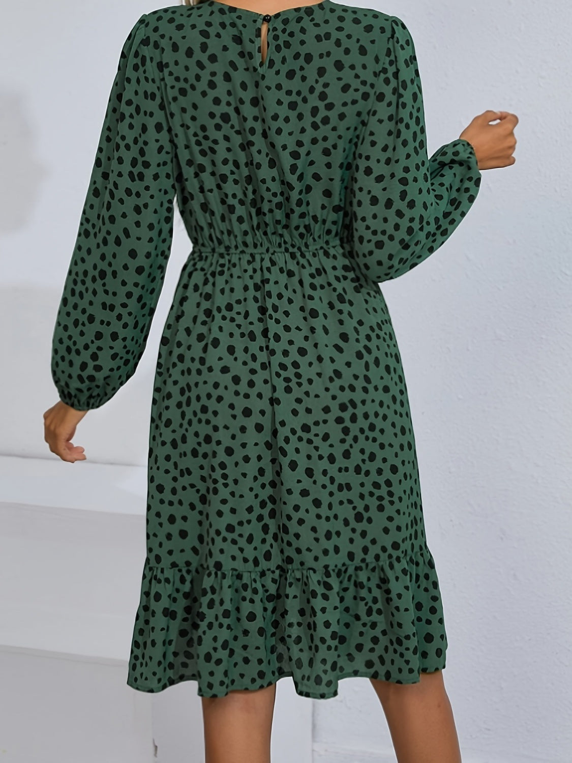 Printed Round Neck Balloon Sleeve Dress - The Boutie Shop