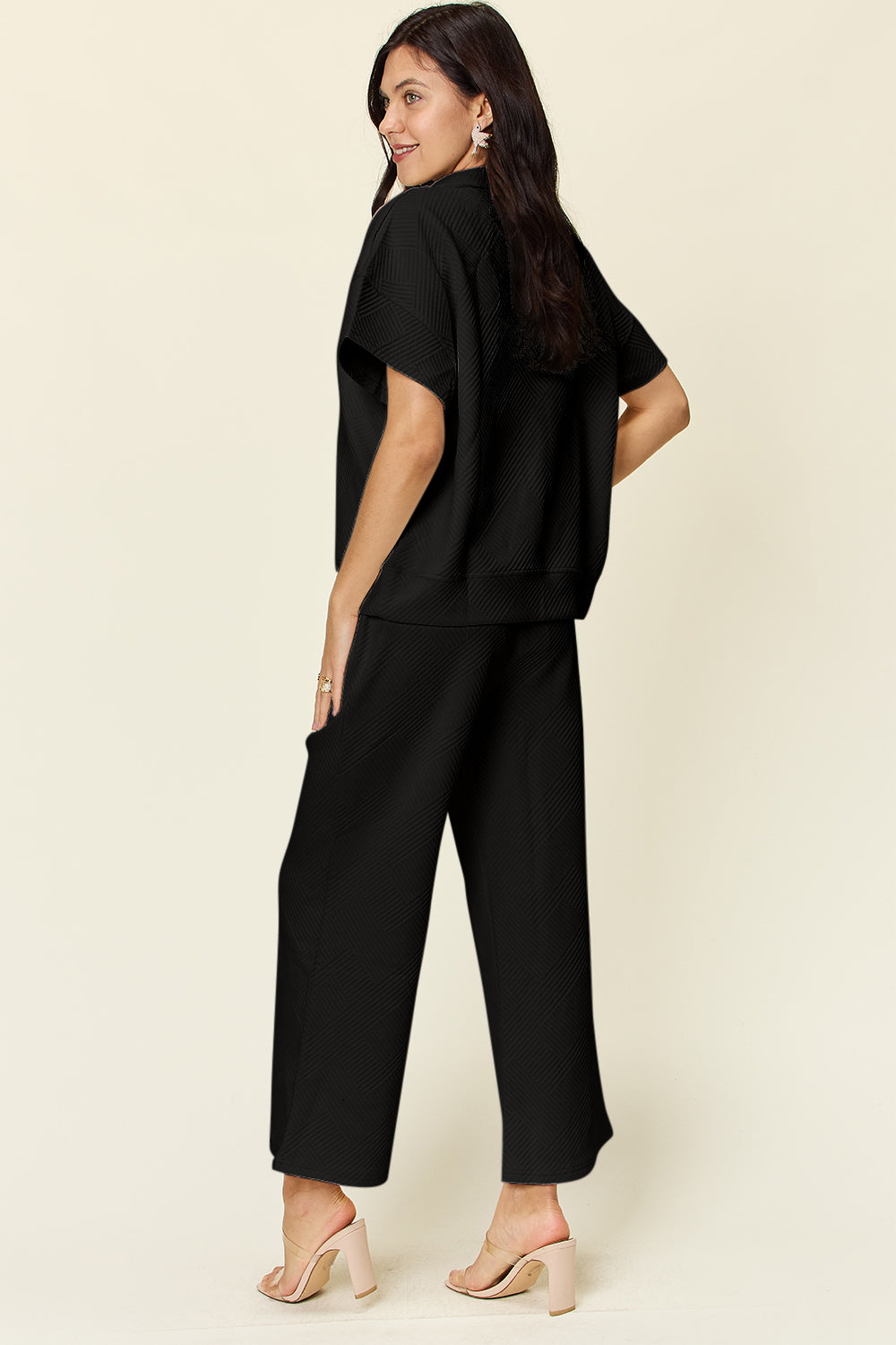 Double Take Full Size Texture Half Zip Short Sleeve Top and Pants Set - The Boutie Shop