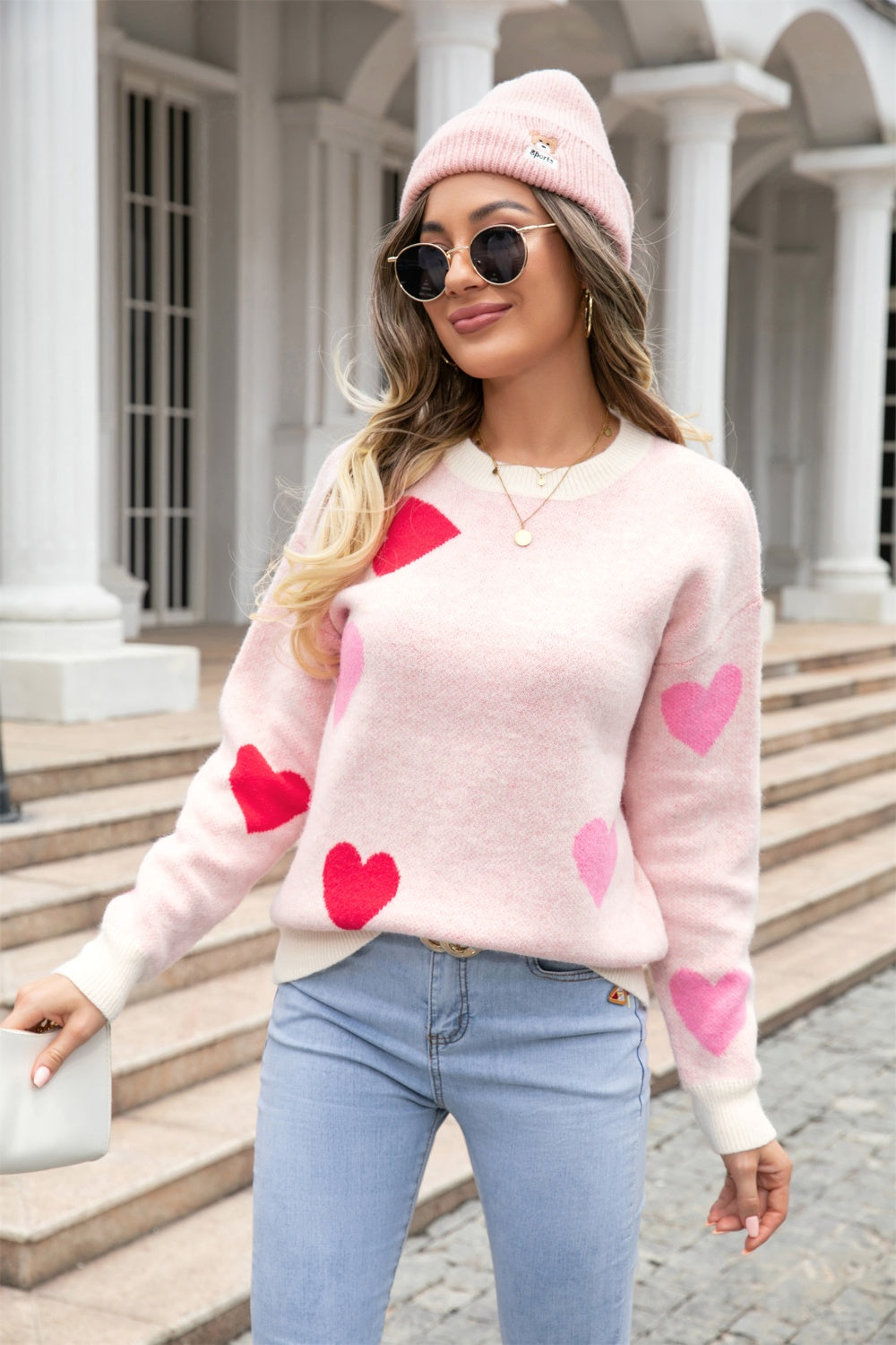 Angel Wings Heart Round Neck Droppped Shoulder Sweater - The Boutie Shop