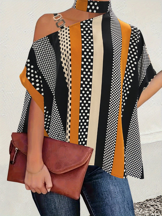 Cutout Color Block Mock Neck Blouse - The Boutie Shop