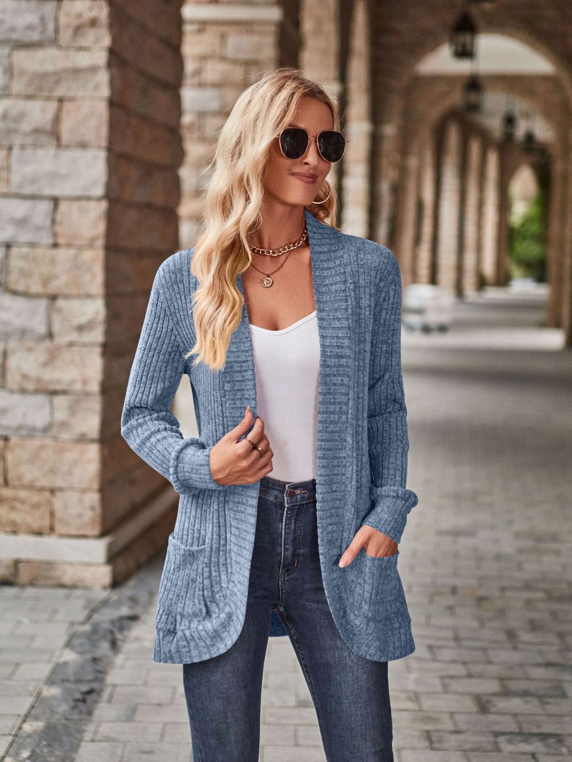Open Front Cardigan with Pockets - The Boutie Shop