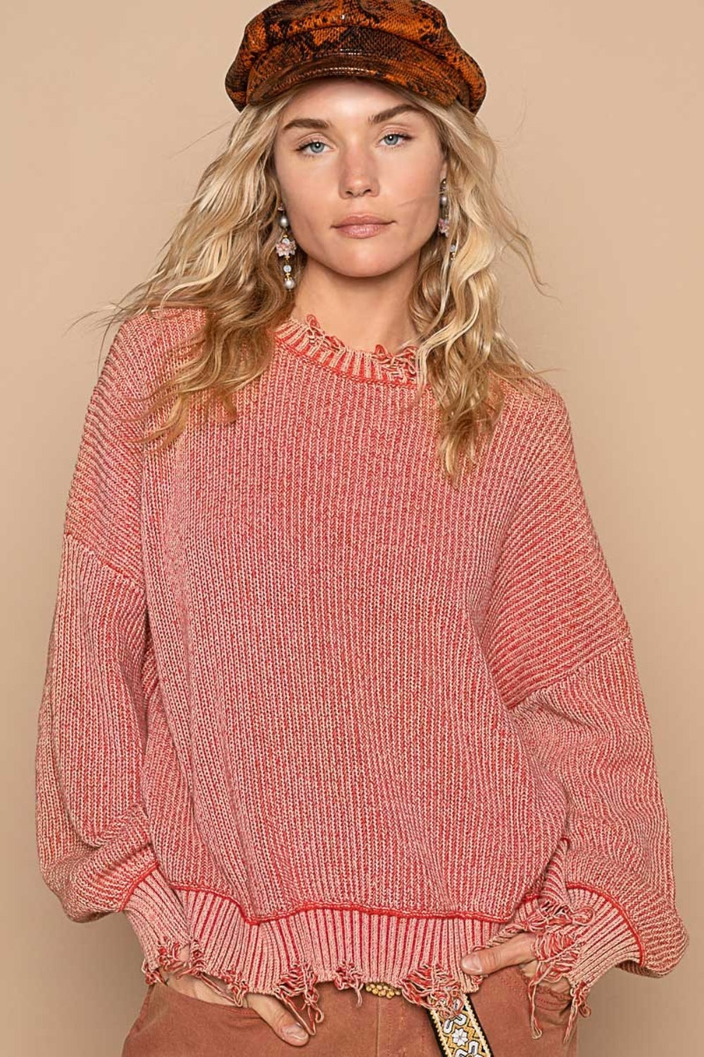 POL Distressed Washed Drop Shoulder Sweater - The Boutie Shop