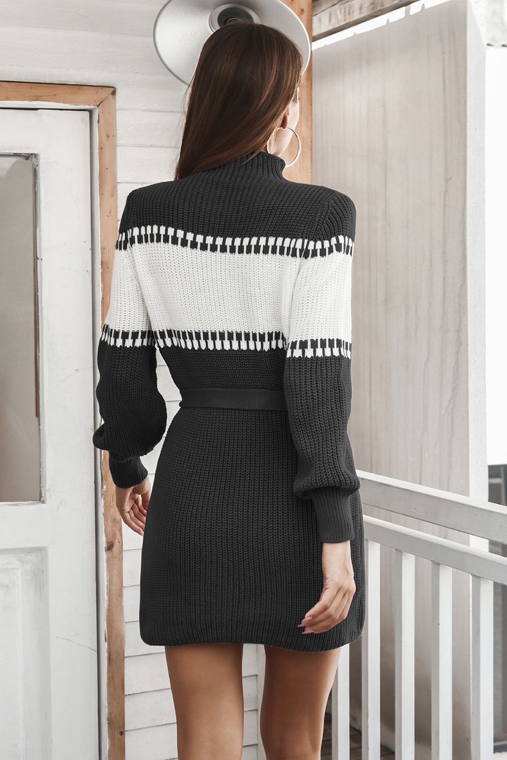 Contrast Tie Front Long Sleeve Sweater Dress - The Boutie Shop