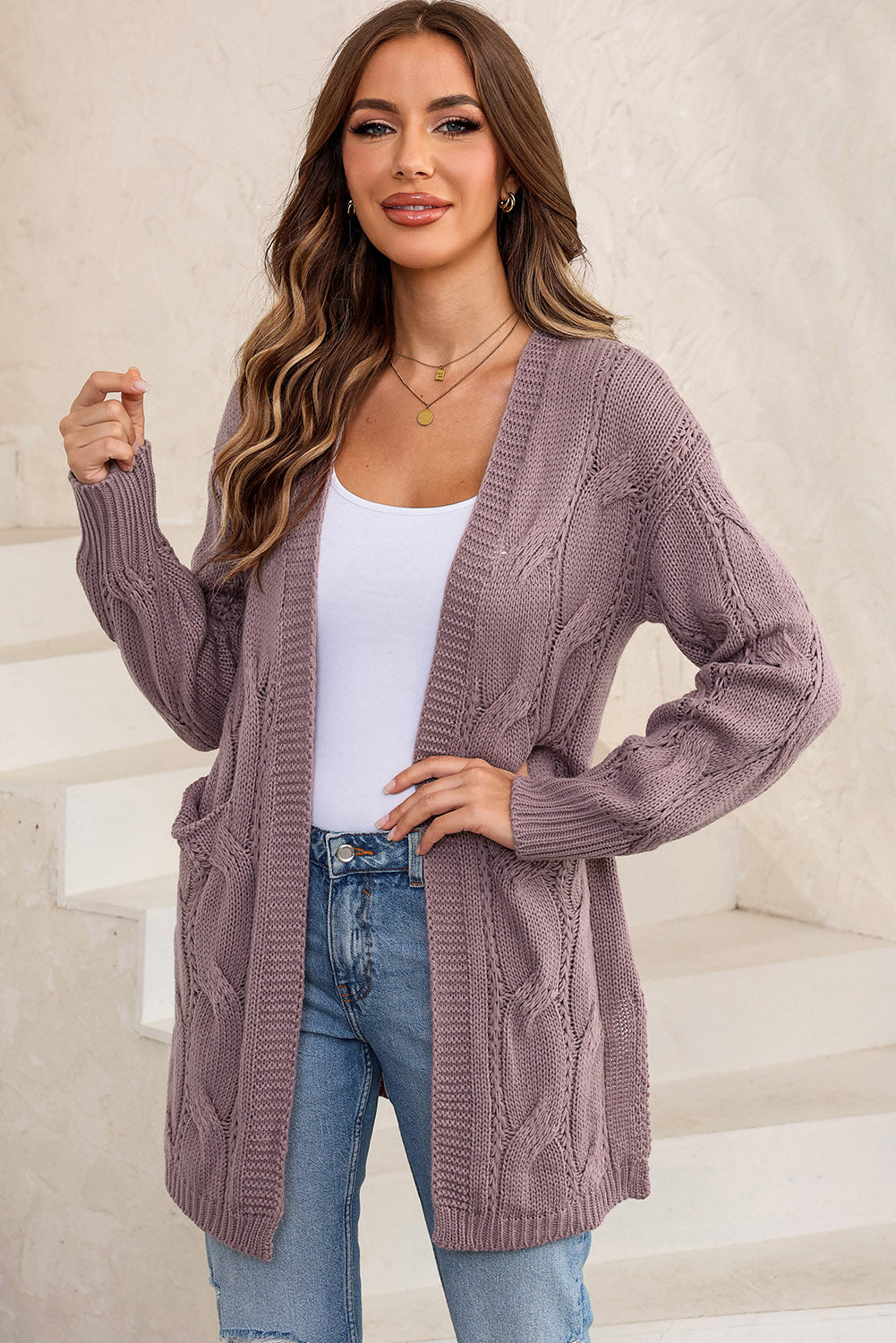 Cable-Knit Dropped Shoulder Slit Cardigan - The Boutie Shop