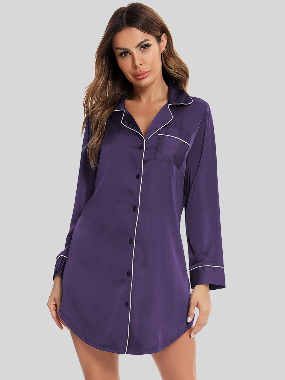 Button Up Lapel Collar Night Dress with Pocket - The Boutie Shop