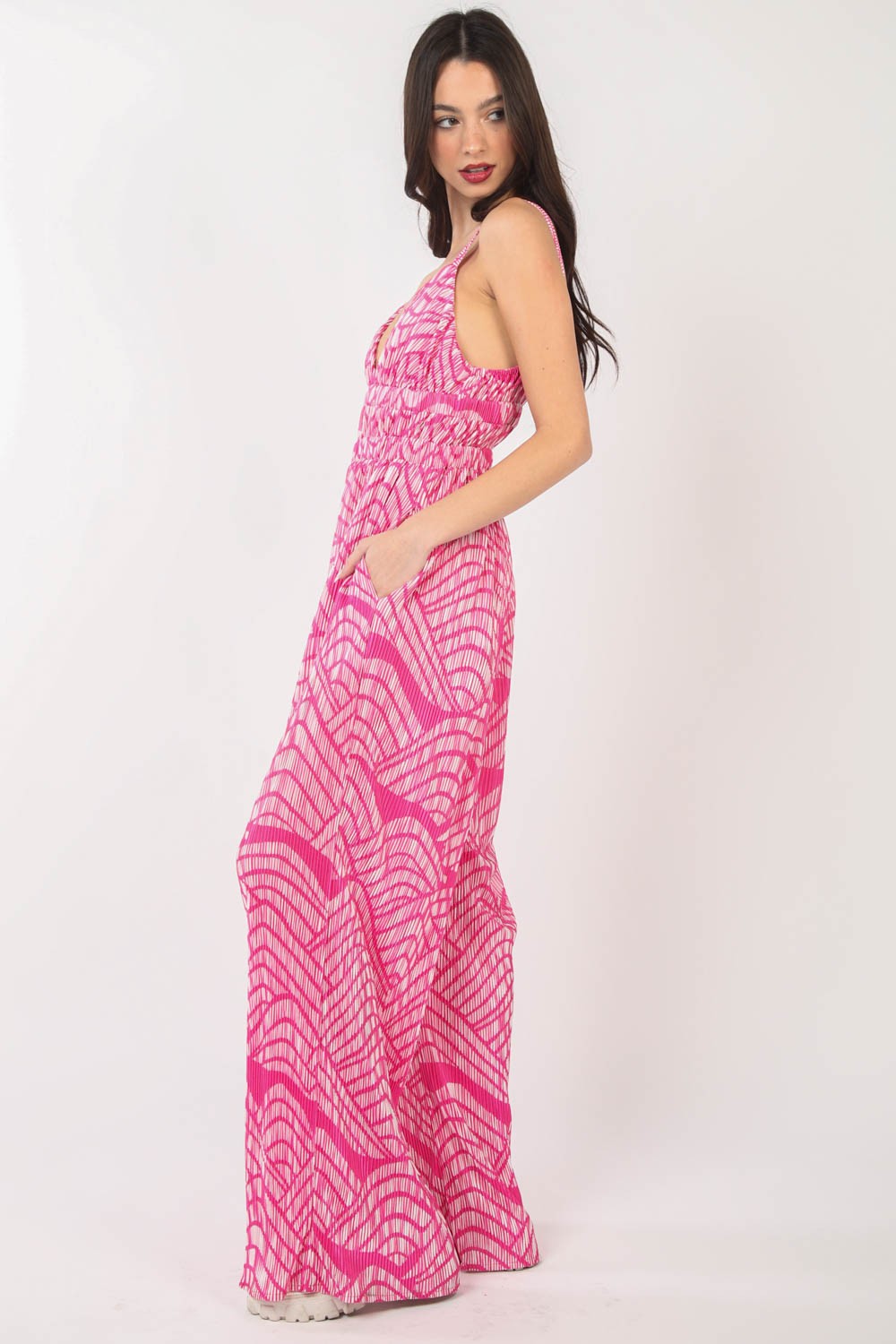 VERY J Printed Pleated Sleeveless Wide Leg Jumpsuit - The Boutie Shop