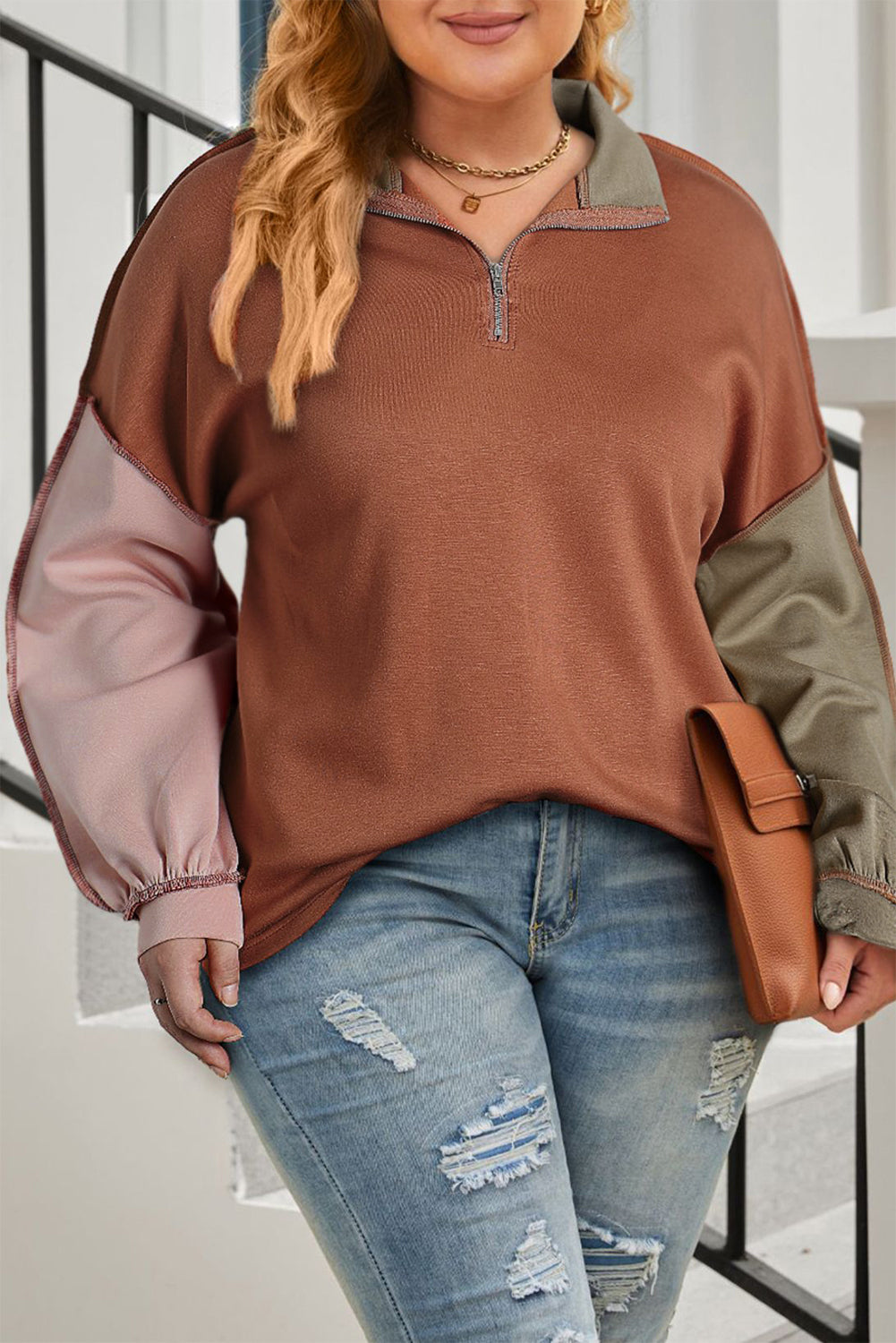 Plus Size Exposed Seam Color Block Quarter Zip Sweatshirt - The Boutie Shop