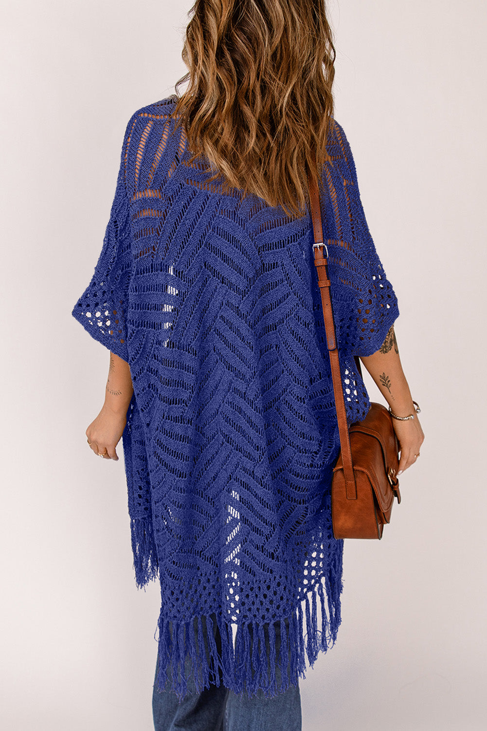 Openwork Open Front Cardigan with Fringes - The Boutie Shop