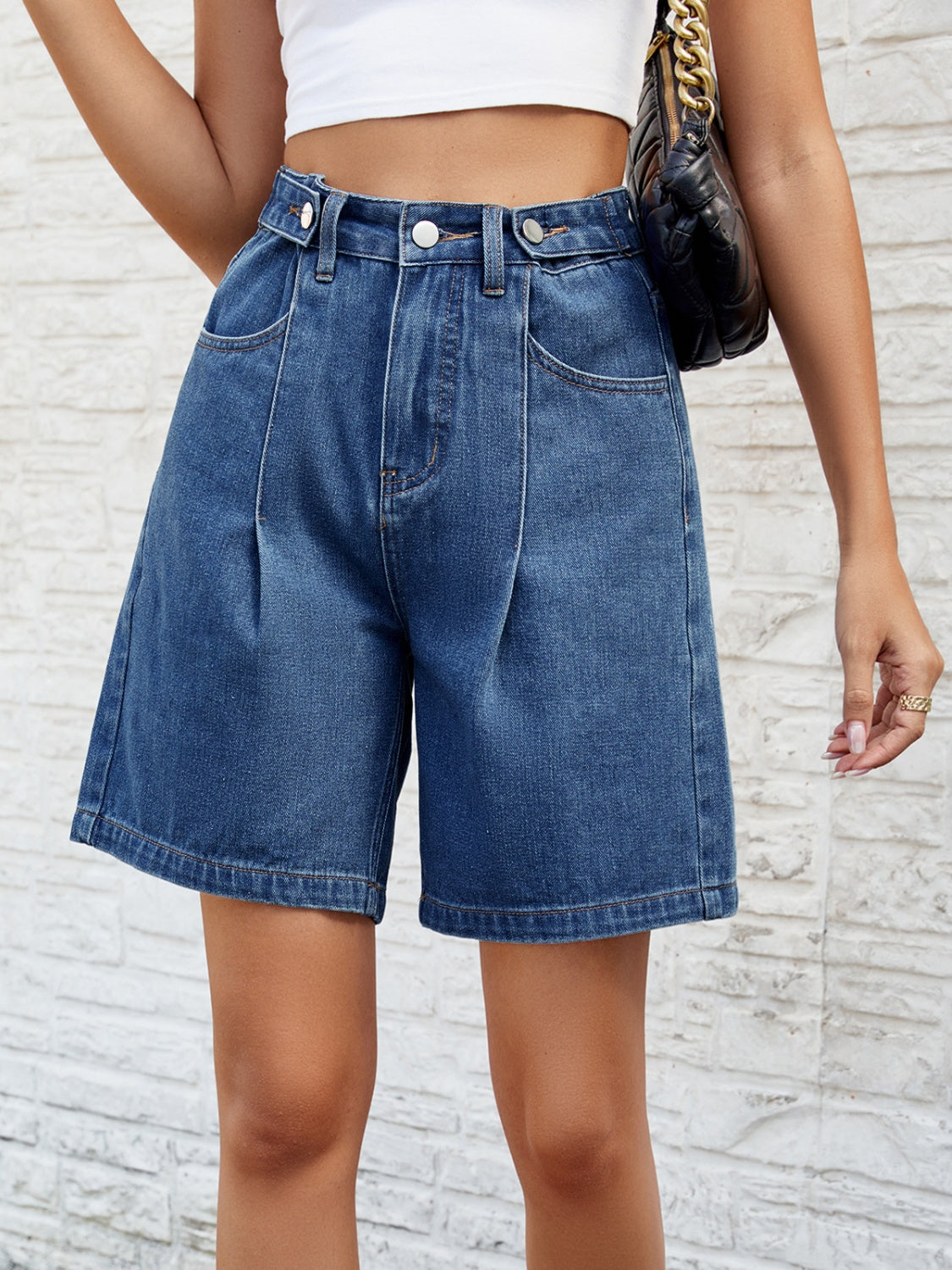 High Waist Denim Shorts with Pockets - The Boutie Shop