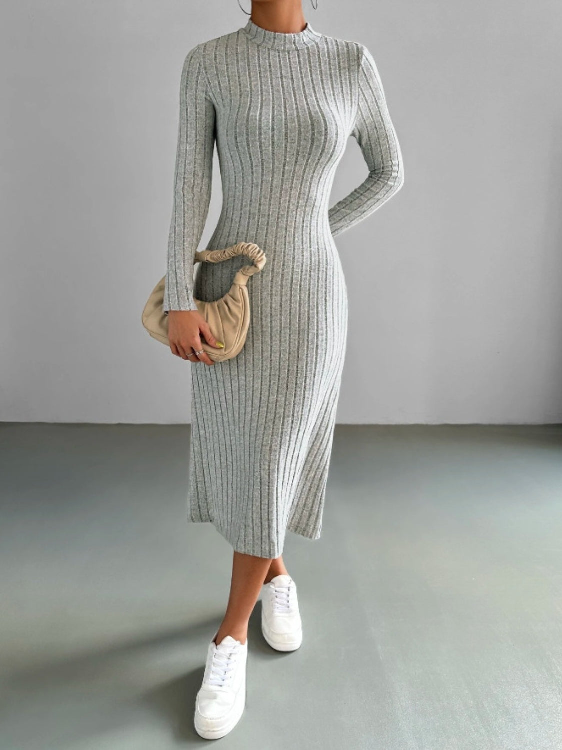 Ribbed Mock Neck Long Sleeve Midi Sweater Dress - The Boutie Shop