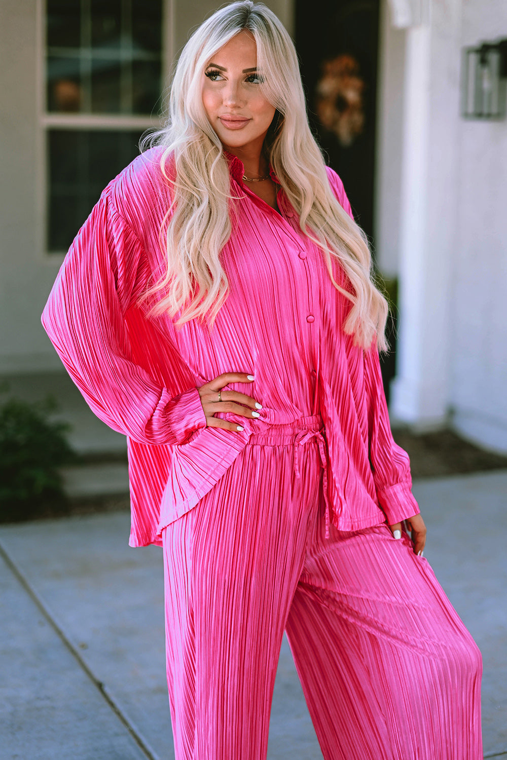 Pleated Button Up Shirt and Wide-Leg Pants Set - The Boutie Shop